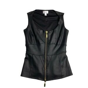 Bisou Bisou Michele Bohbot Black Sleeveless Zip Front Vest, Solid Gold Trim XS